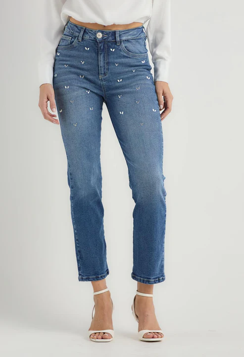 Jean vaquero medio con apliques para mujer
